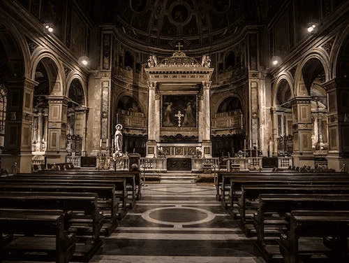 a row of pews in a church